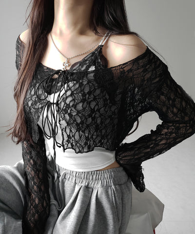 ダブルストラップリボンショートレースカーディガン /double strap ribbon short lace cardigan