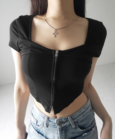 ダブルジップコルセットスクエアネックTシャツ / double zip corset square neck T-Shirt