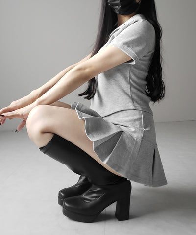 【 2点セット 】スキッパーネック半袖Tシャツ & プリーツミニスカート ワンホンセットアップ / skipper neck short sleeve T-shirt & pleated mini skirt wanghong setup