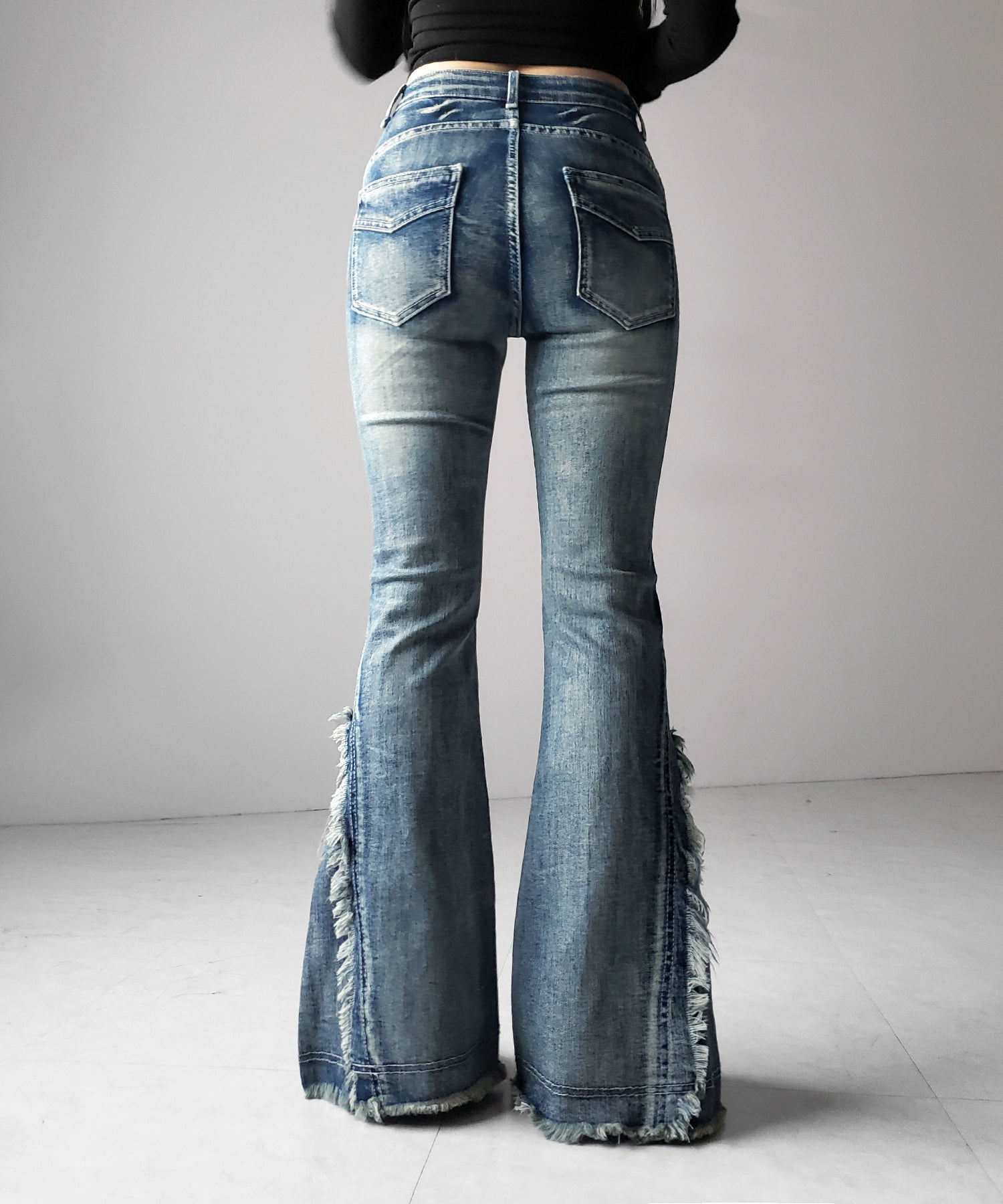 【 2color / 4size 】ヴィンテージライクフリンジストレッチフレアデニム / Vintage-like fringe stretch flare denim
