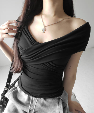 オフショルドレープクロスギャザリングTシャツ /off shoulder draped cross gatherimg T-shirt