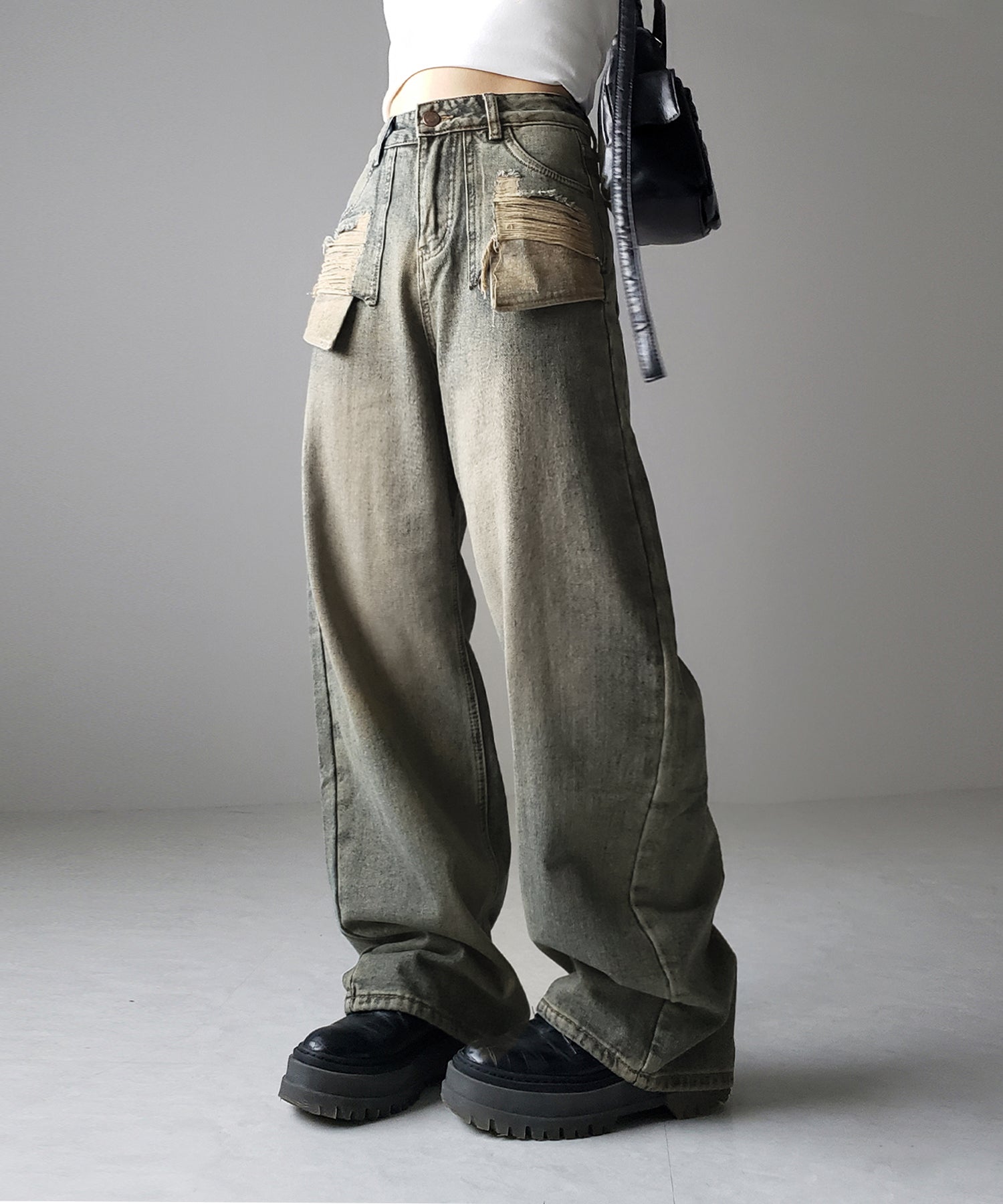 裏起毛ダメージアウトポケットヴィンテージルーズデニム