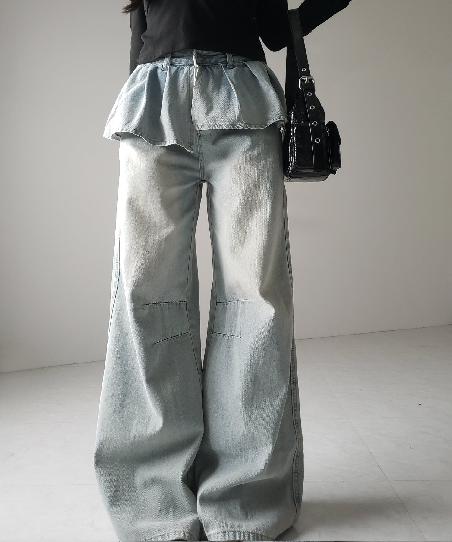 【 2color / 4size 】フリルドッキングレイヤードヴィンテージワイドデニム / frll docking layered vintage wide denim