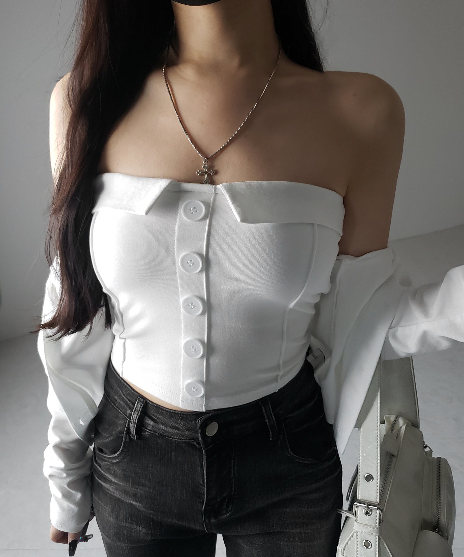 【 2点セット 】フロントボタンベアトップ + クロップドカットソーカーディガン SET / front button bare top + cropped cutsaw cardigan SET