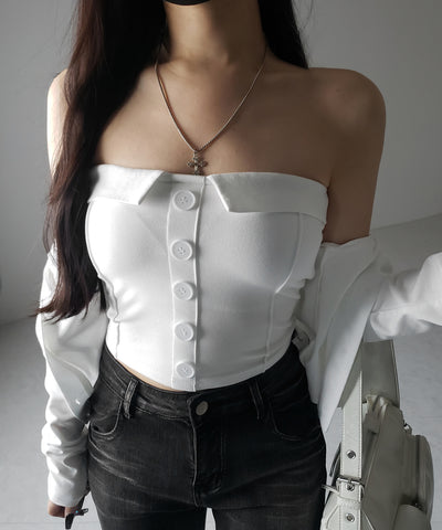 【 2点セット 】フロントボタンベアトップ + クロップドカットソーカーディガン SET / front button bare top + cropped cutsaw cardigan SET