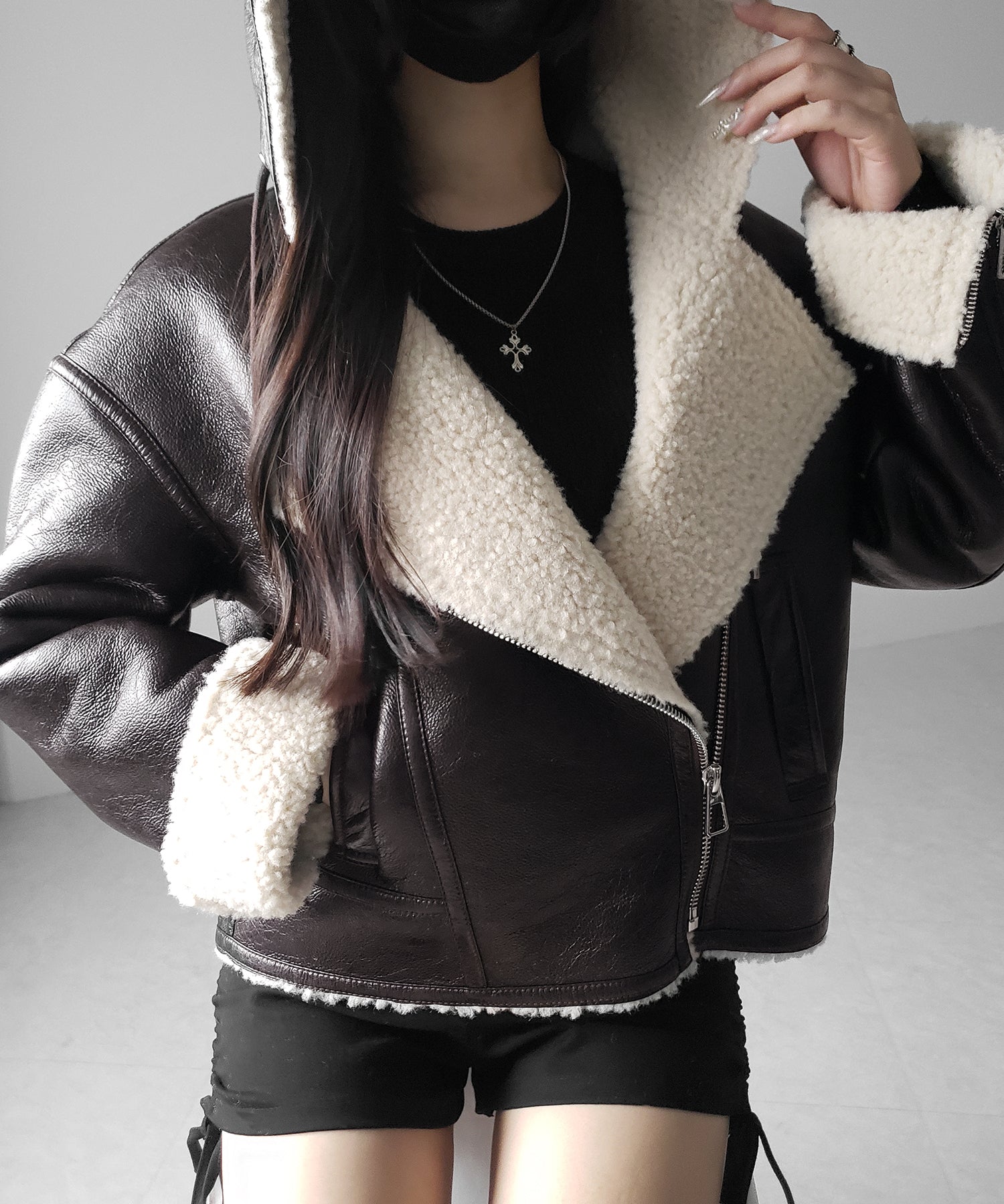 ヴィンテージレザーフーディボアムートンジャケット / vintage leather hoodie boa mouton jacket