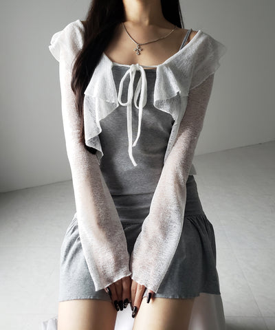 【 2点セット 】フレアキャミワンピ &シアーフリルリボンカーディガン ワンホンセットアップ / flare camisole onepiece & sheer frill ribbon cardigan wanghong SETUP