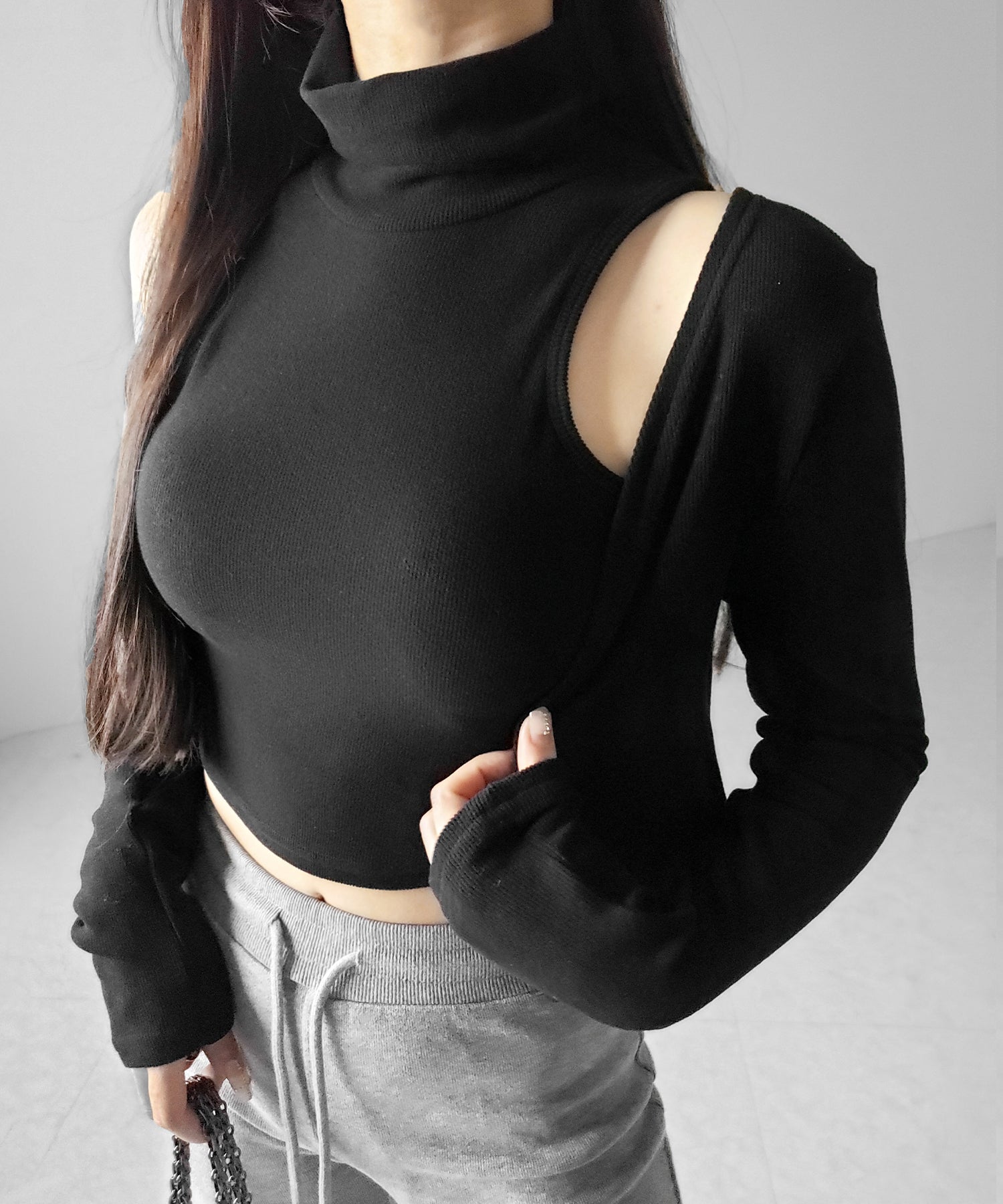 【 裏微起毛 / 2点セット 】ハイネックノースリーブトップス + ショートカーディガン SET / high neck nosleeve tops + short cardigan SET