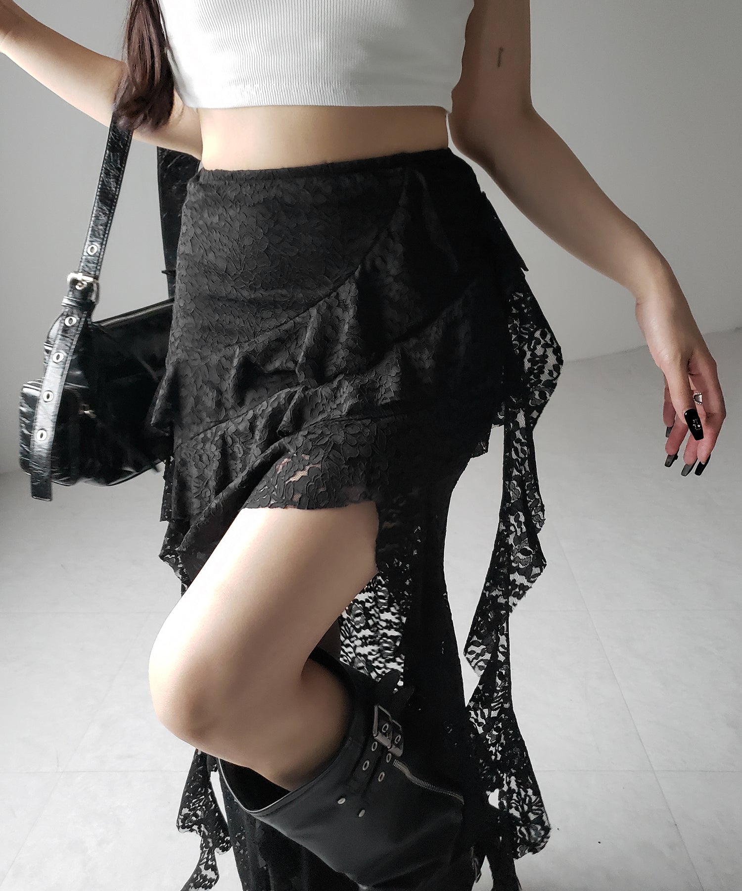 【 裏地付 】アシンメトリーフリルレーススリットロングスカート / asymmetry frill lace slit long skirt