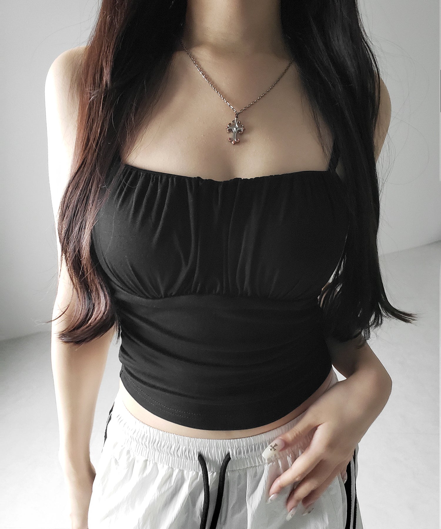 【 3color / カップ付き 】シャーリングギャザードレープキャミソール /shirring gather drape camisole