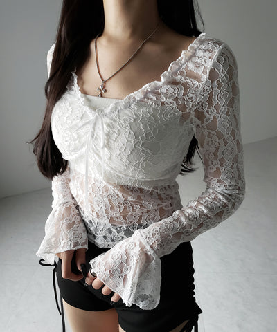 【2WAY 】フロントリボンオフショルスリムレーストップス / front ribbon off-shoulder slim lace tops