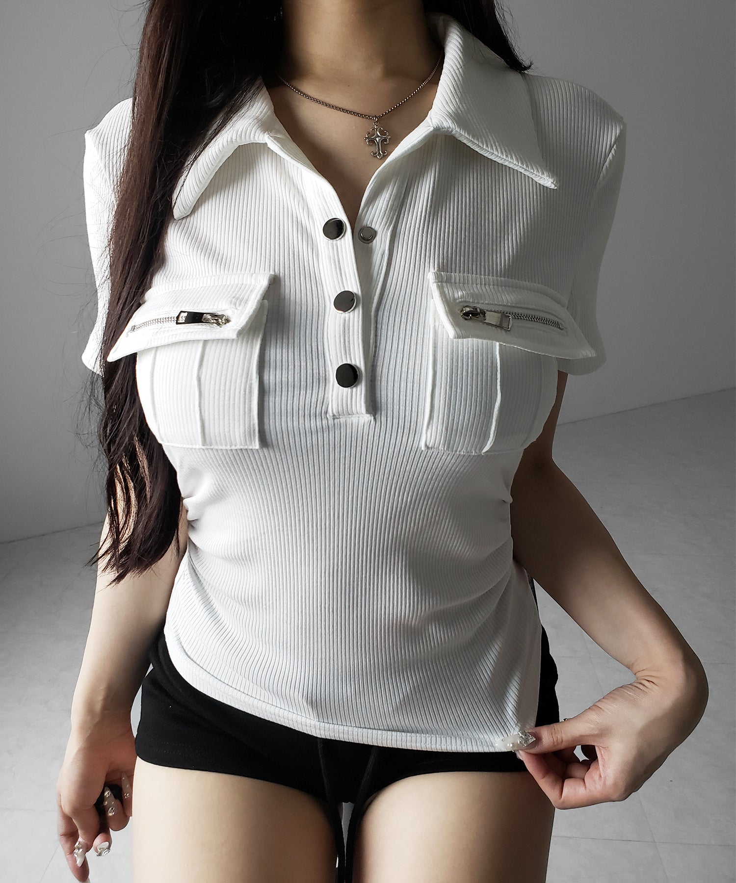 アウトポケットポロネックリブカットソートップス / out pocket polo neck rib cutsew tops