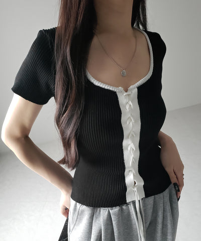 半袖レースアップスリムニットトップス / short-sleeve lace up slim knit tops