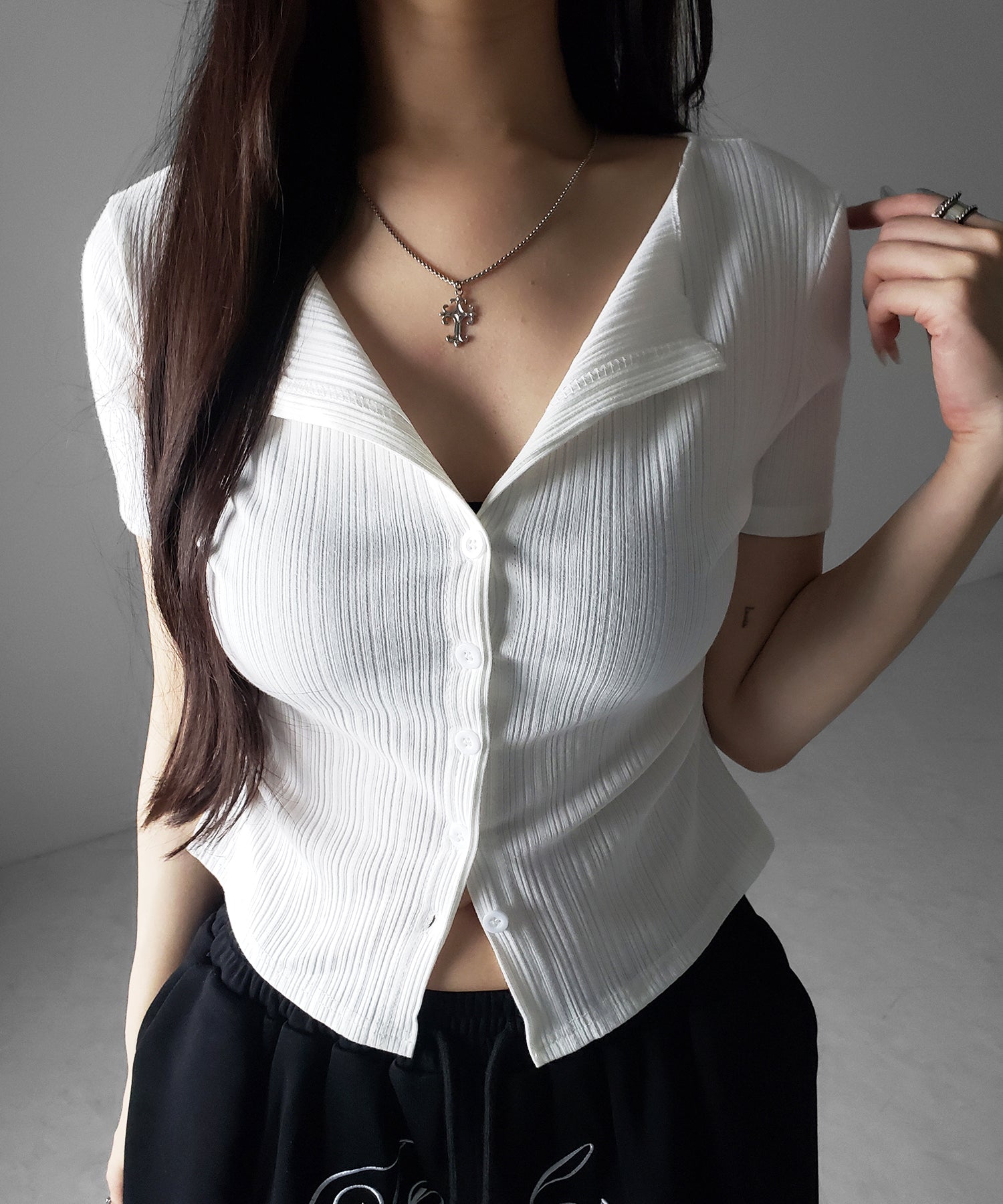 フロントボタン半袖リブカーデトップス / front button short sleeve lib cardigan tops
