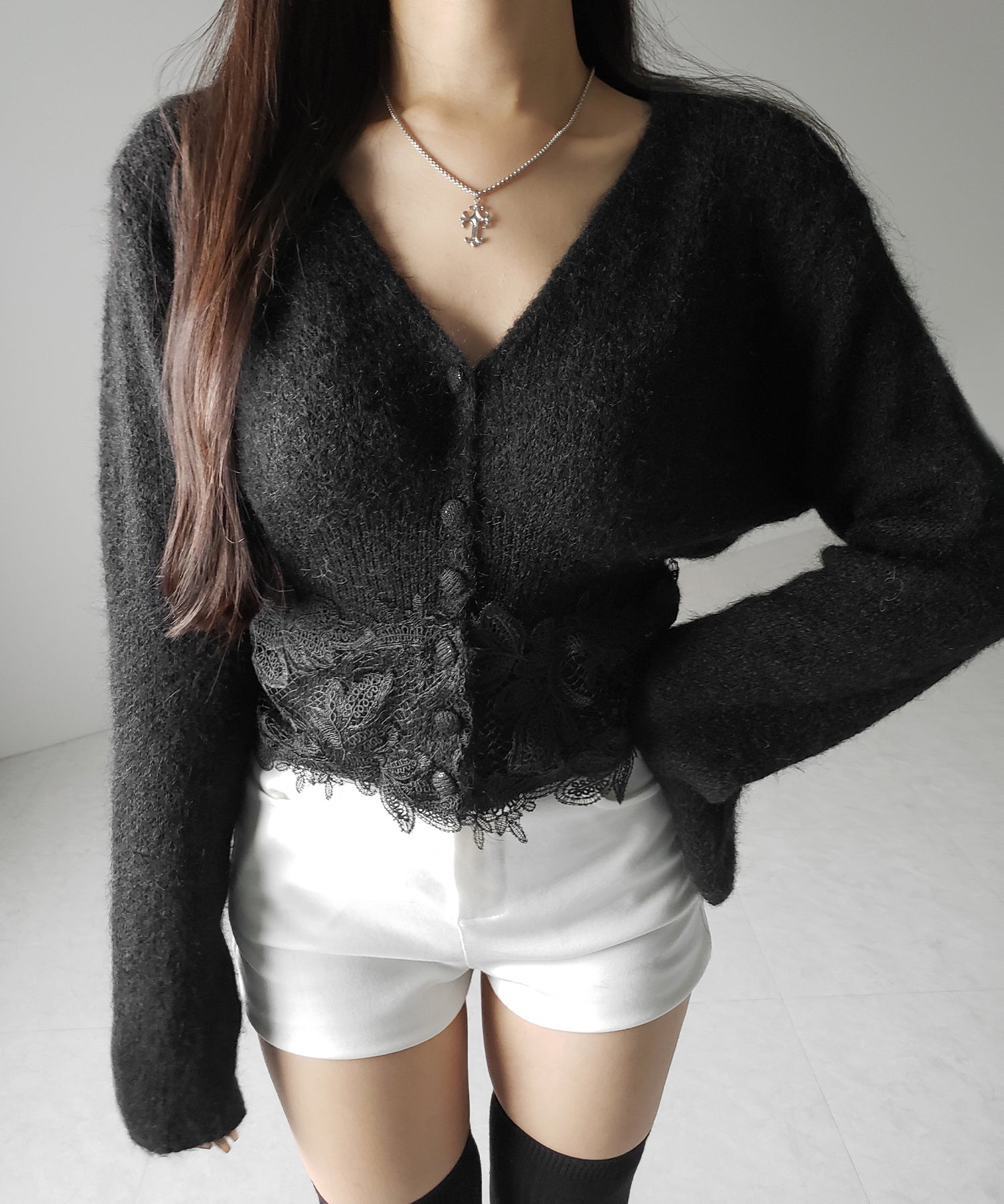 レースドッキングモヘアライクニットカーディガン / Lace docking mohair-like knit cardigan
