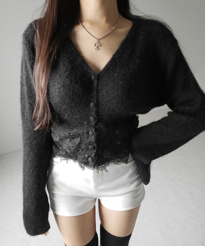 レースドッキングモヘアライクニットカーディガン / Lace docking mohair-like knit cardigan