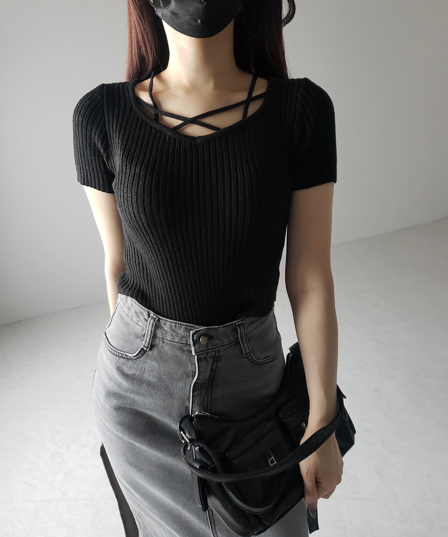 半袖クロスラインストラップデザインリブニット