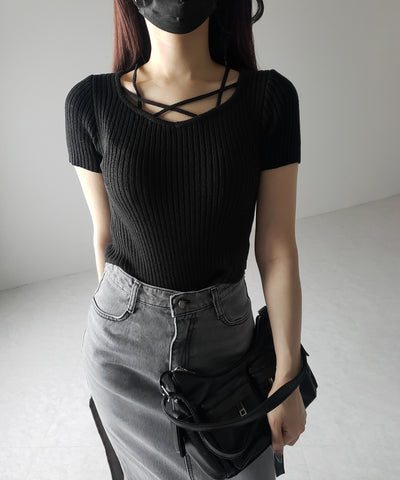 半袖クロスラインストラップデザインリブニット