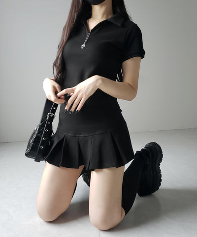 【 2点セット 】スキッパーネック半袖Tシャツ & プリーツミニスカート ワンホンセットアップ / skipper neck short sleeve T-shirt & pleated mini skirt wanghong setup