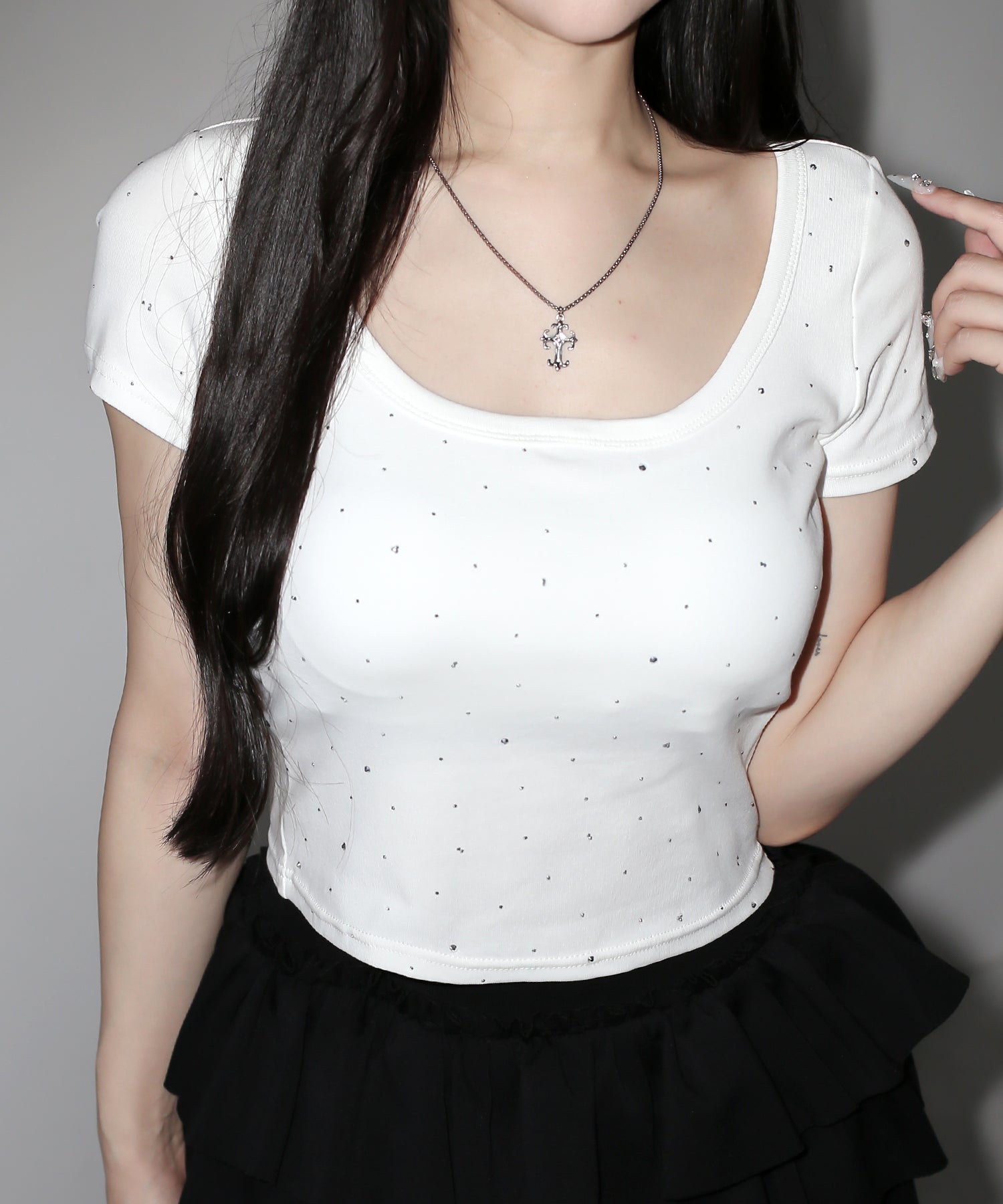 ラインストーンスクエアネックタイトTシャツ /Rhinestone square neck tight T-shirt
