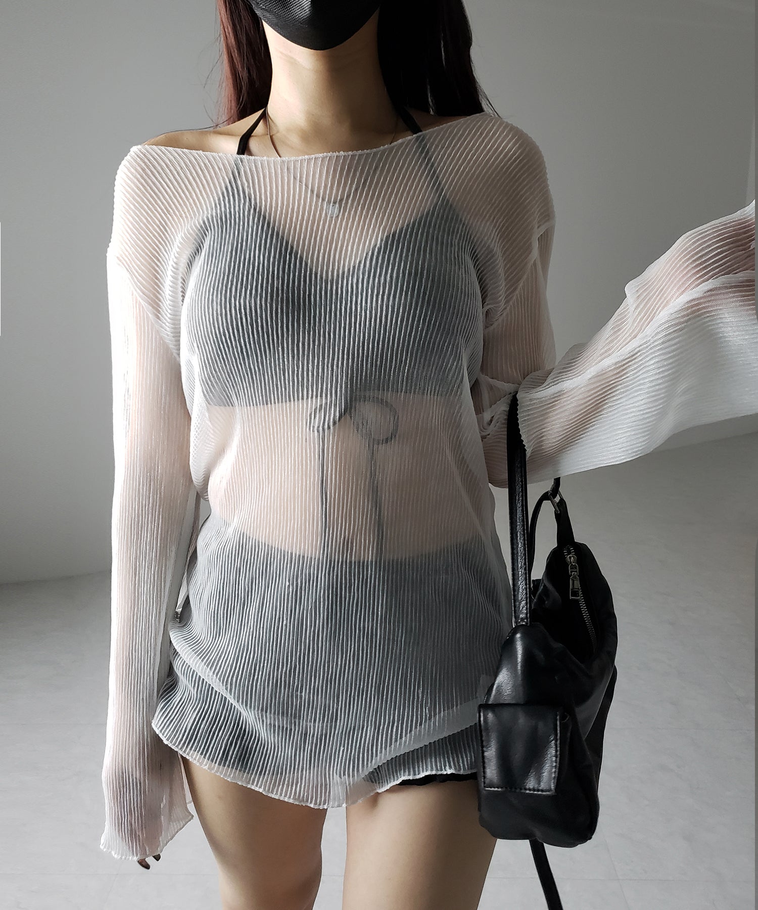 【 レディース水着/3点セット 】シアートップス付き フロントリボンホルターネックハイウエストビキニ / sheer tops set front ribbon halter neck high waist bikini