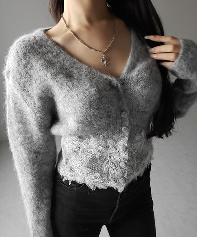 レースドッキングモヘアライクニットカーディガン / Lace docking mohair-like knit cardigan