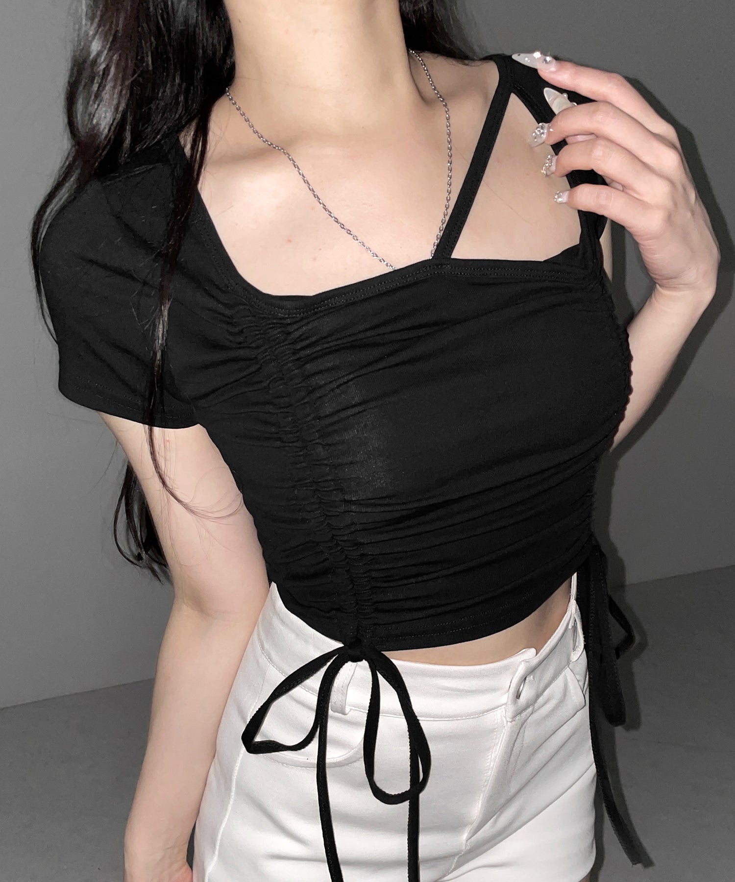 ダブルシャーリングリボンストラップTシャツ / double shirring ribbon strap T-shirts