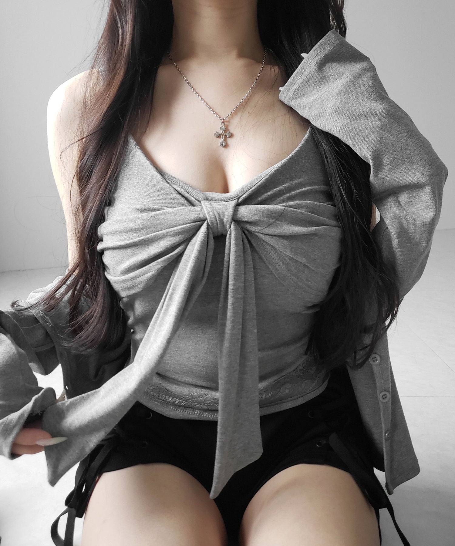 【 2点セット 】リボンカットソーキャミソール + カーディガンセット /ribbon cutsew camisole + cardigan SET