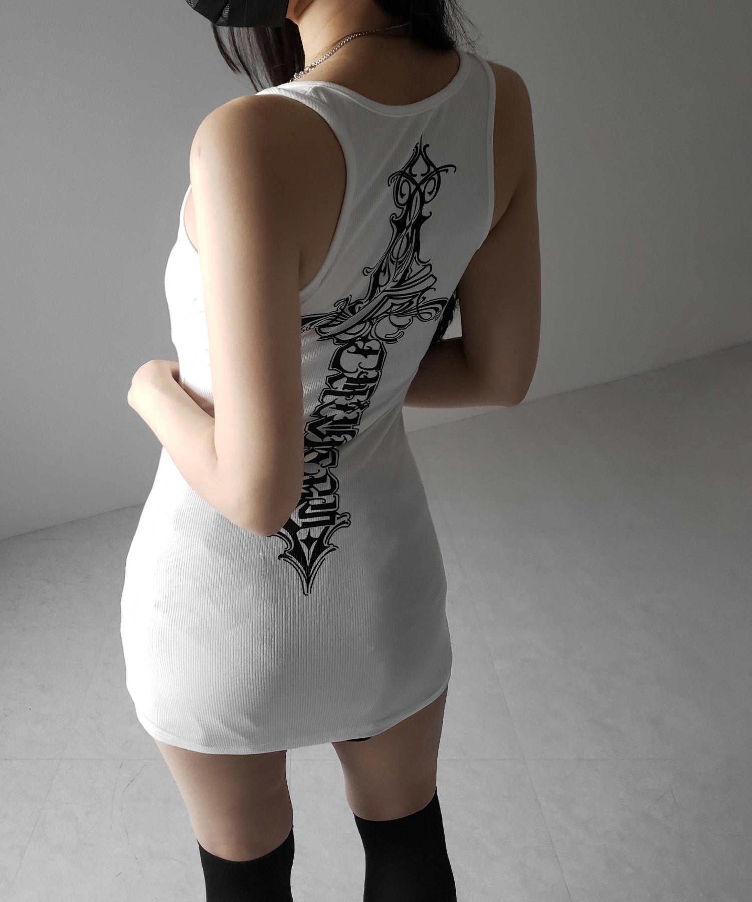 【 新色ピンク追加!】グランジロゴバッククロスタンクトップミニワンピ / grunge logo back cross tanktop mini onepiece