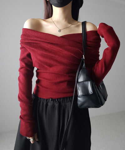 タックデザインドレープオフショルダーリブニット