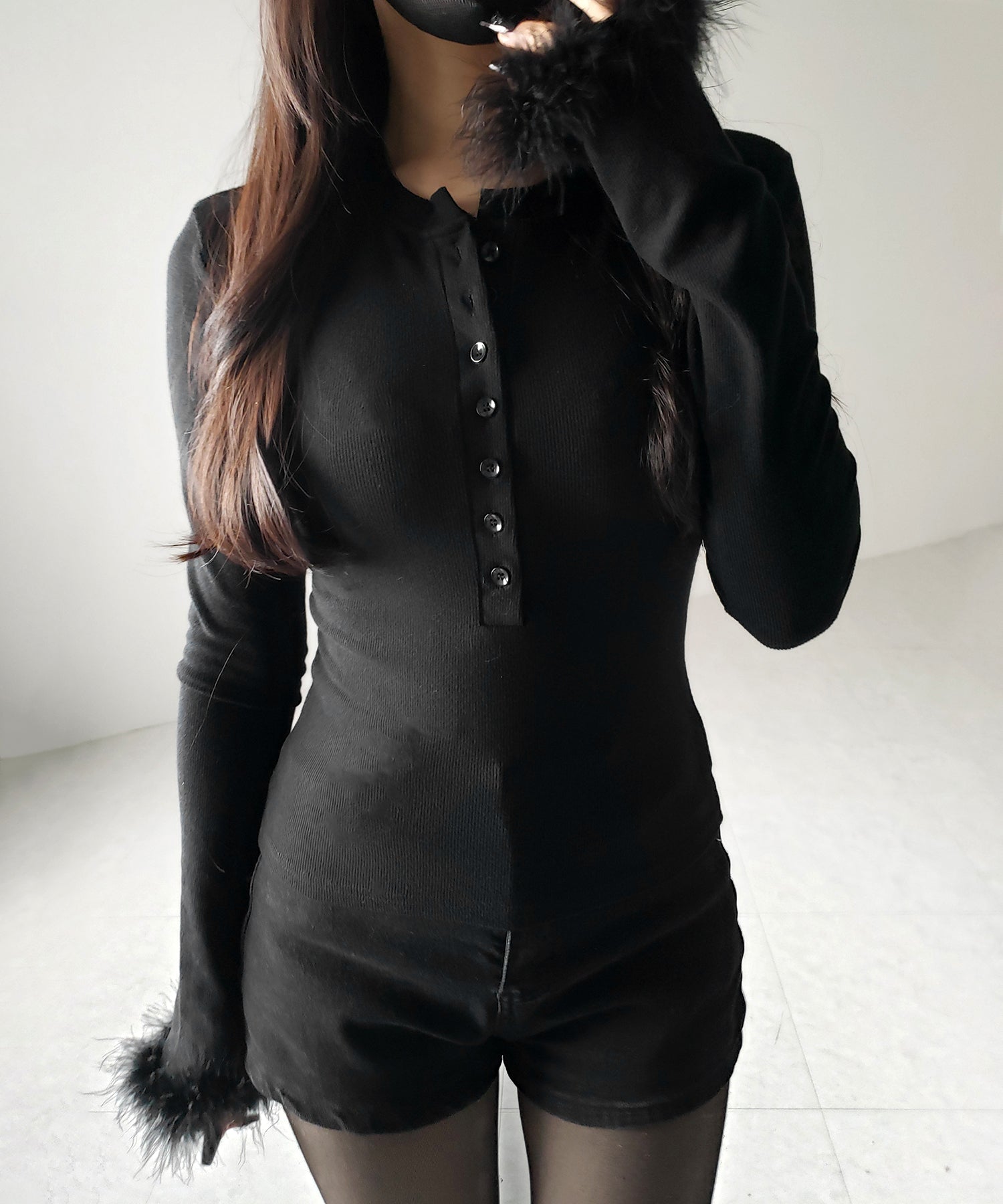 【 2color 】ファースリーブヘンリーネックリブトップス / fur sleeve henley neck lib tops