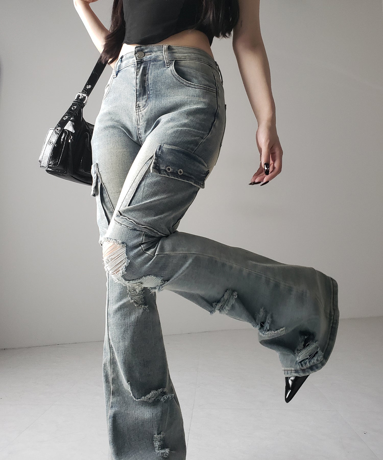 【 2color / 4size 】カーゴデザインヴィンテージライクダメージストレッチフレアデニム / cargo design vintage-like damage stretch flare denim