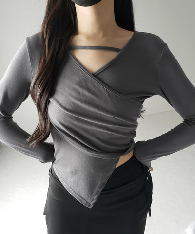 ラインストラップギャザークロスレイヤードトップス / line strap gather cross layered Tops