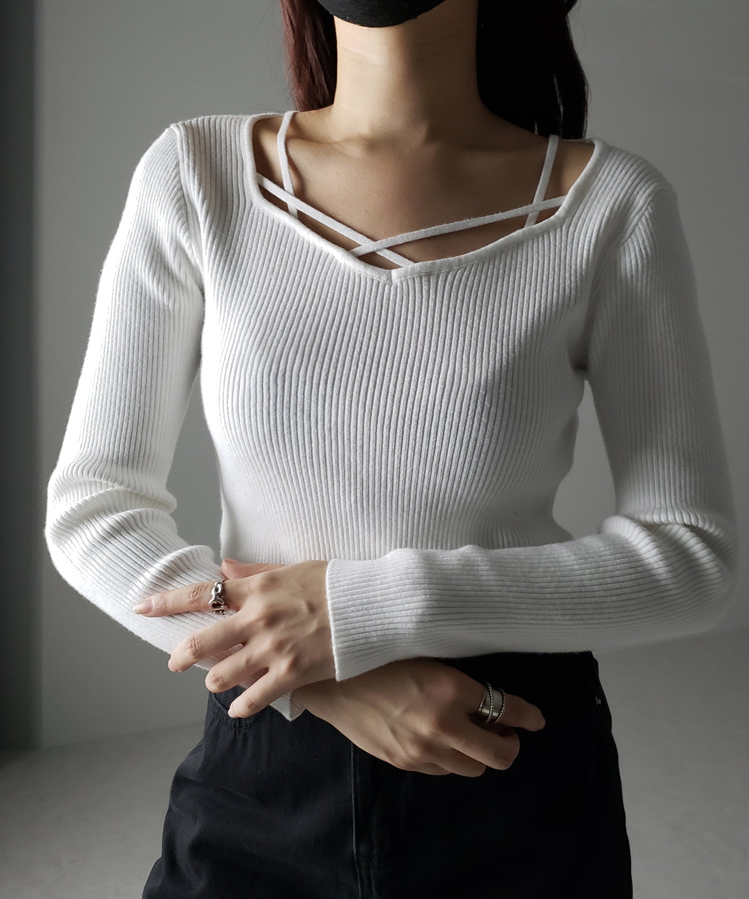 クロスラインストラップデザインリブニット