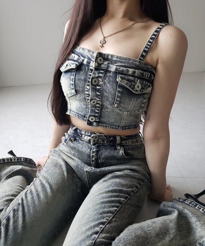 【 セットアップ 】ヴィンテージライクデニムビスチェ + ストレッチフレアデニム SET / 【 SET UP 】 vintage like denim bustier + stretch flare denim