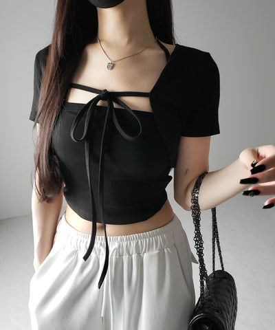 【 2点セット 】フロントリボンショートカーディガン+ ホルターキャミソール SET / front ribbon short cardigan + halter camisole SET