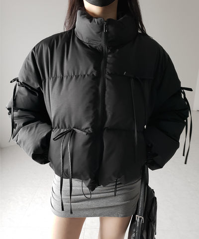 【 裾絞り可能2WAY 】ストラップリボンショートパフダウンジャケット / strap ribbon short puff down jacket