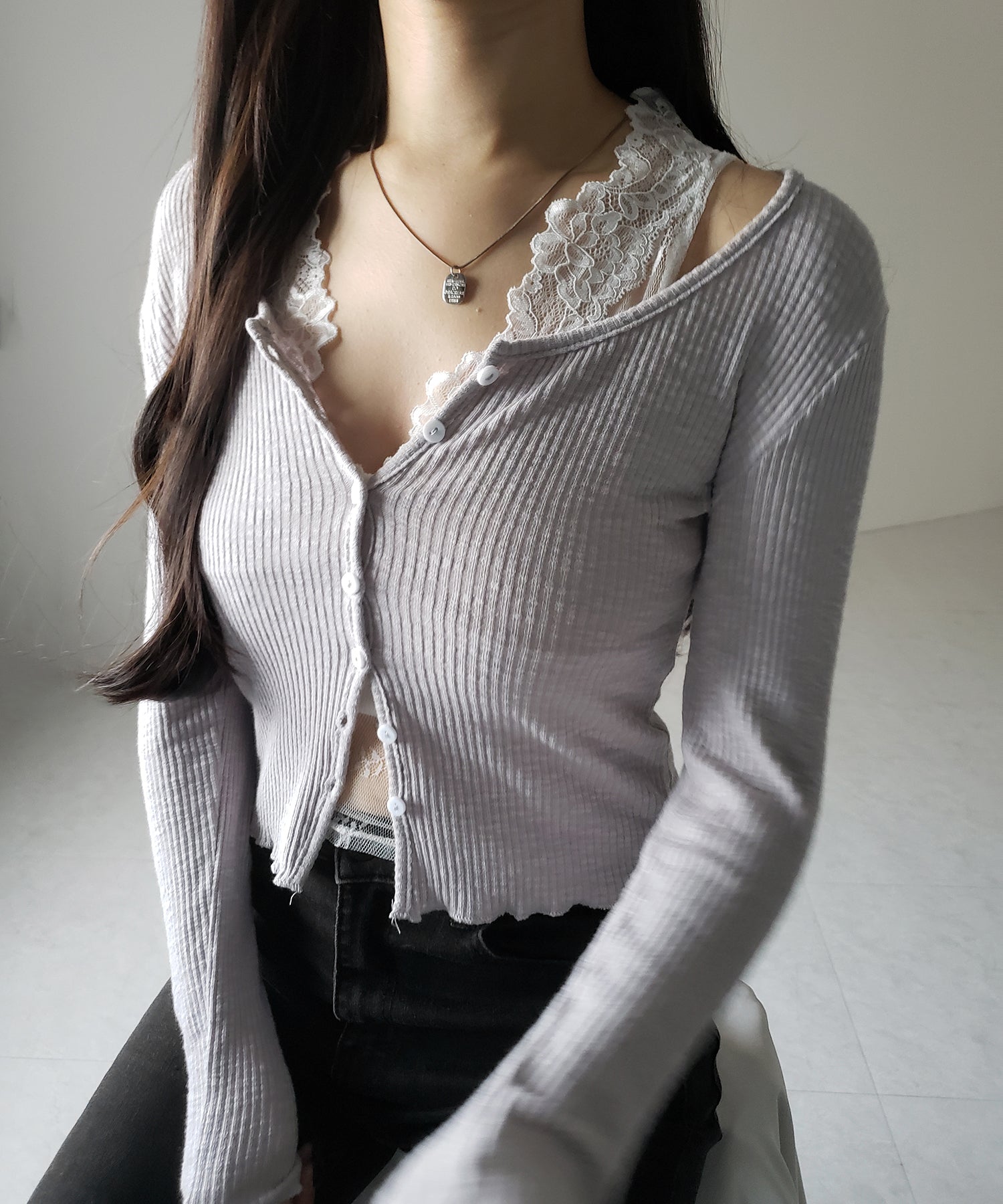 【 2点セット 】レイヤードレースシアーリブカットソーカーディガン / layered lace sheer rib cut and sew cardigan