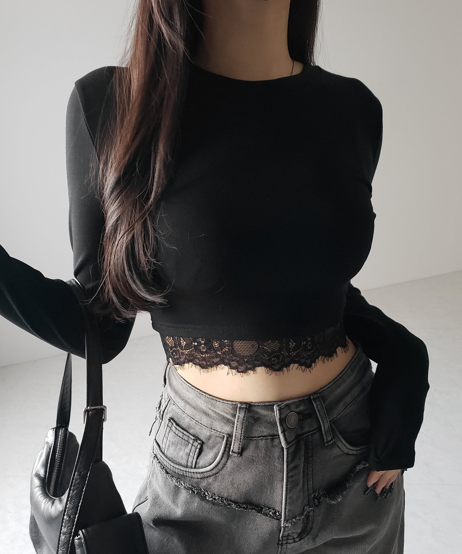 【 裏起毛 】裾レースドッキングショートTシャツ / hem lace docking short Tee
