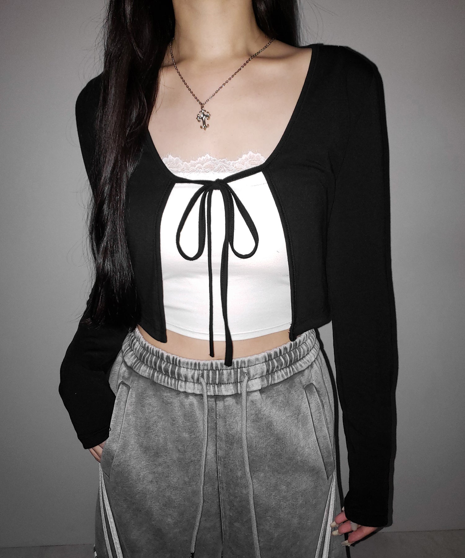 【 2color 】フロントリボンカットソーショートカーディガン / front ribbon cutsew short cardigan