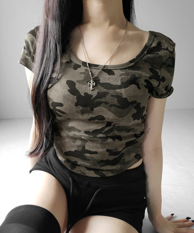 ヴィンテージカモフラスクエアネックショートTシャツ / vintage camouflage square neck short T-shirt