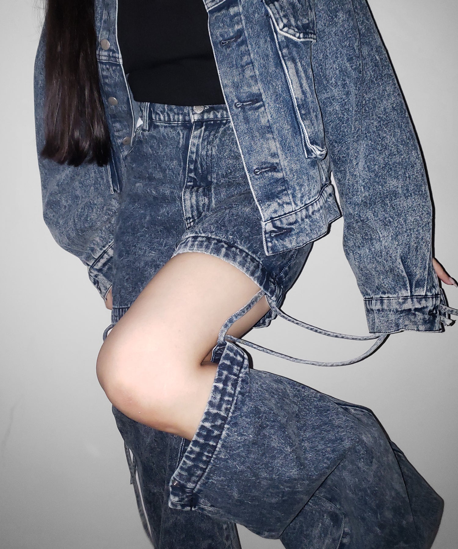 【 セットアップ着用可能 】2WAYヴィンテージケミカルブリーチカットアウトリボンデニム / 2WAY vintage chemical bleach cutout ribbon denim