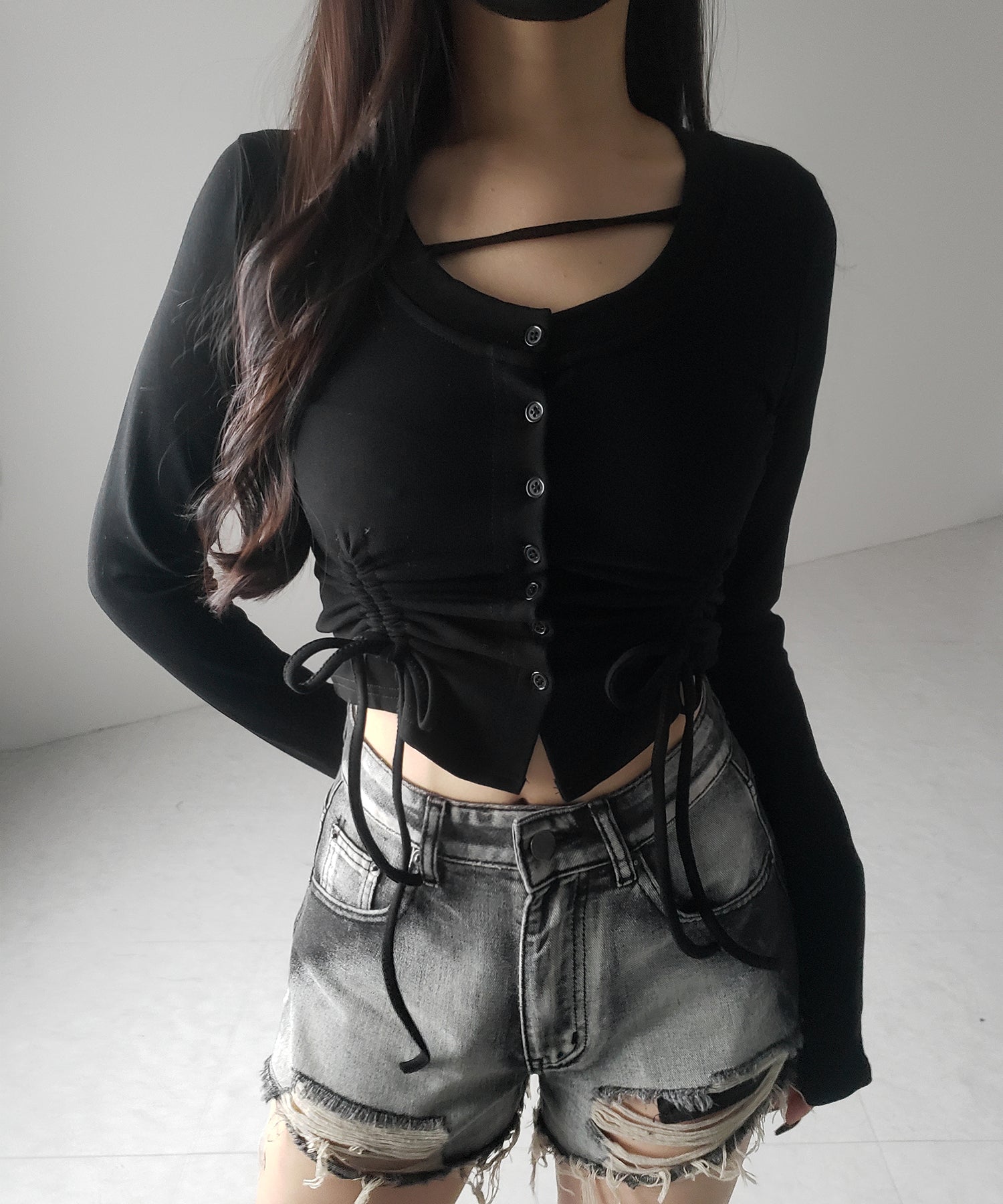 【 2color / 裏起毛 】ナナメストラップダブルシャーリングリボントップス / naname strap double shirring ribbon tops