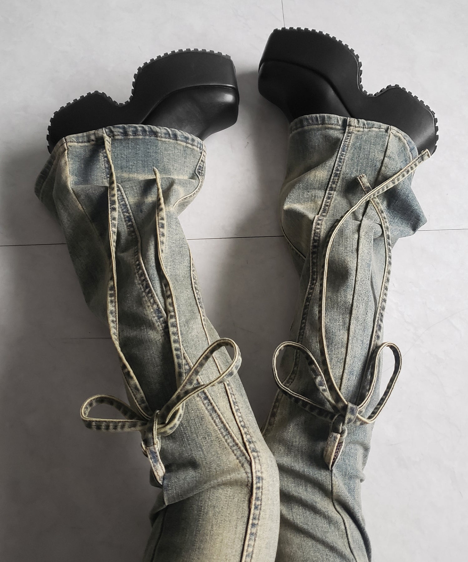 【 2color / 4size 】ストラップリボンヴィンテージストレッチフレアデニム / strap ribbon vintage stretch flare denim
