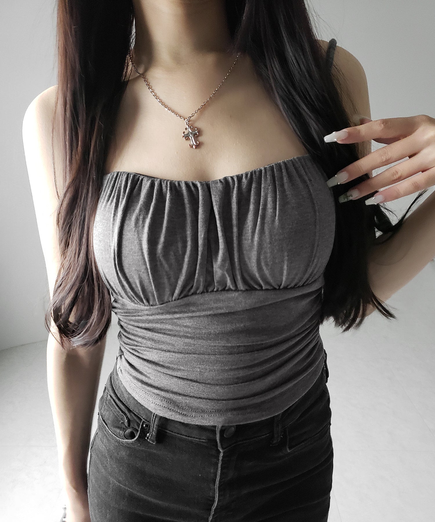 【 3color / カップ付き 】シャーリングギャザードレープキャミソール /shirring gather drape camisole