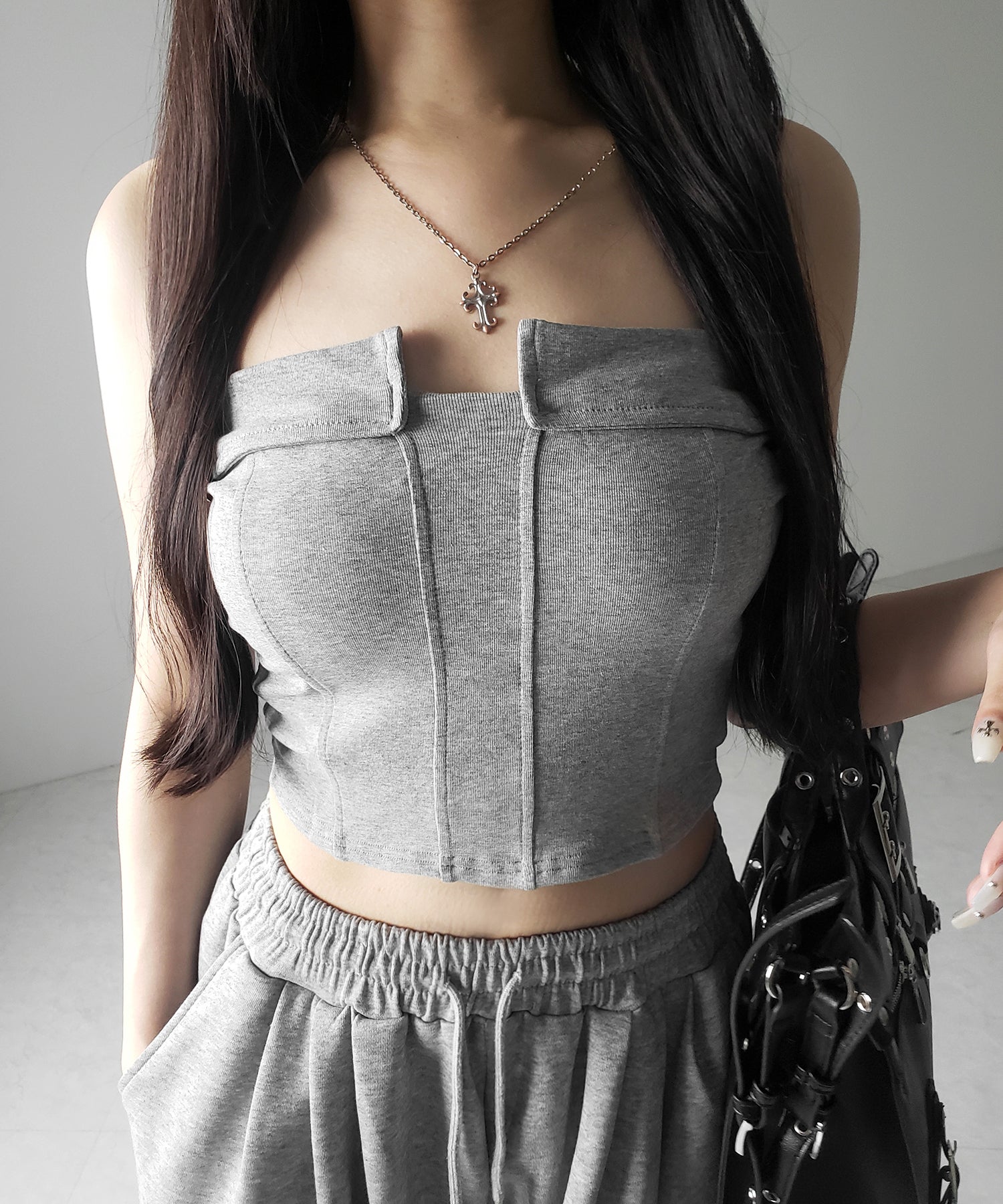 【 カップ付き 】コルセットスリムライン切替ベアトップス / corset slim line switching bare tops