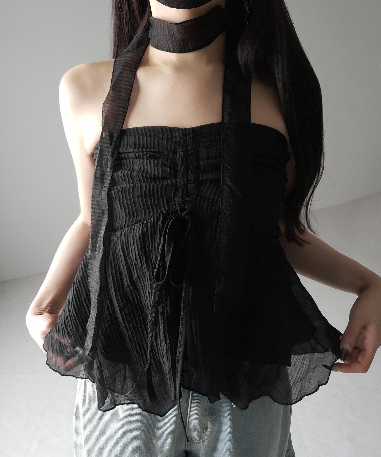 【 チョーカータイ付 】シャーリングリボンペプラムシフォンビスチェトップス / choker tie set shirring ribbon peplum chiffon bustier tops