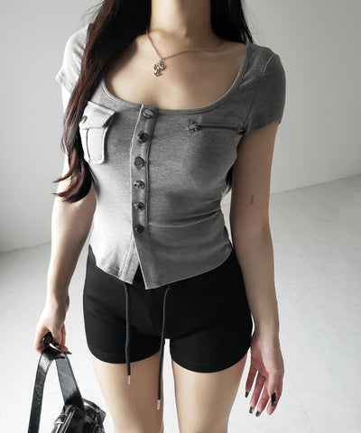アウトポケットスクエアネックスリムTシャツ /Out pocket square neck slim T-shirt
