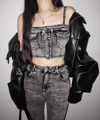 【 セットアップ 】ヴィンテージライクデニムビスチェ + ストレッチフレアデニム SET / 【 SET UP 】 vintage like denim bustier + stretch flare denim