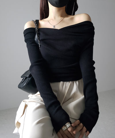 タックデザインドレープオフショルダーリブニット